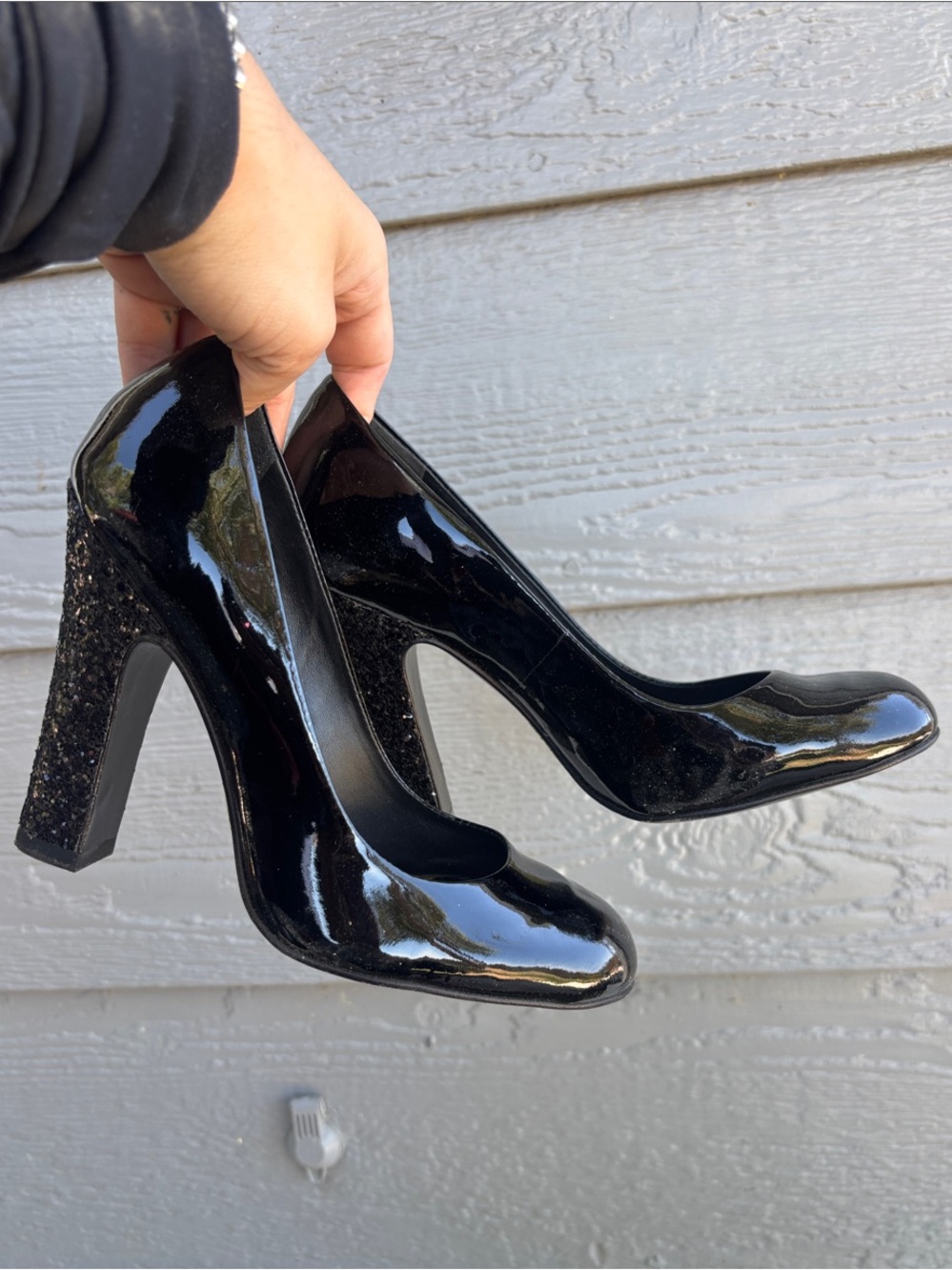 Tory Burch Black Patent Block Heel Pumps with Glitter Heel
